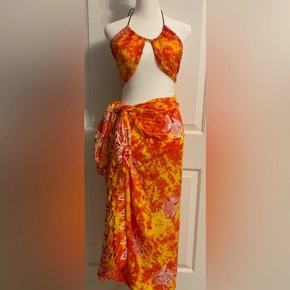 Bikini Top & Long Sarong Wrap Skirt, One Size, Orange, White & Yellow Color, EUC - Picture 4 of 10